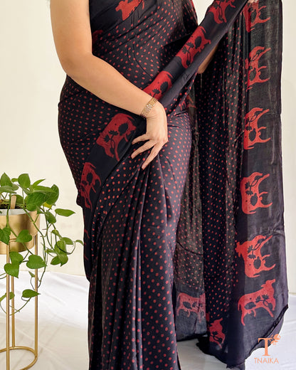 Custom launch black modal silk saree with traditional border artwork