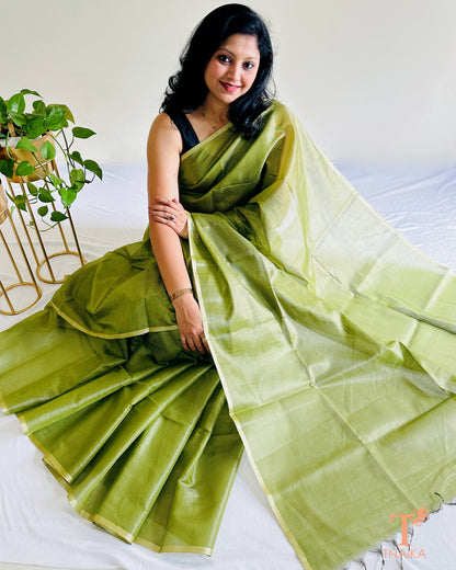 Green Chanderi tissue silk saree featuring smooth texture and sheen