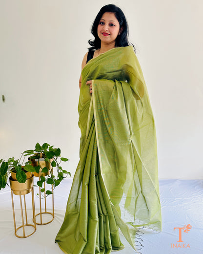 Elegant green Chanderi tissue silk saree with soft sheen finish