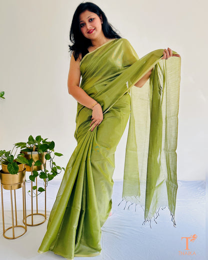 Green Chanderi tissue silk saree with soft sheen and running blouse
