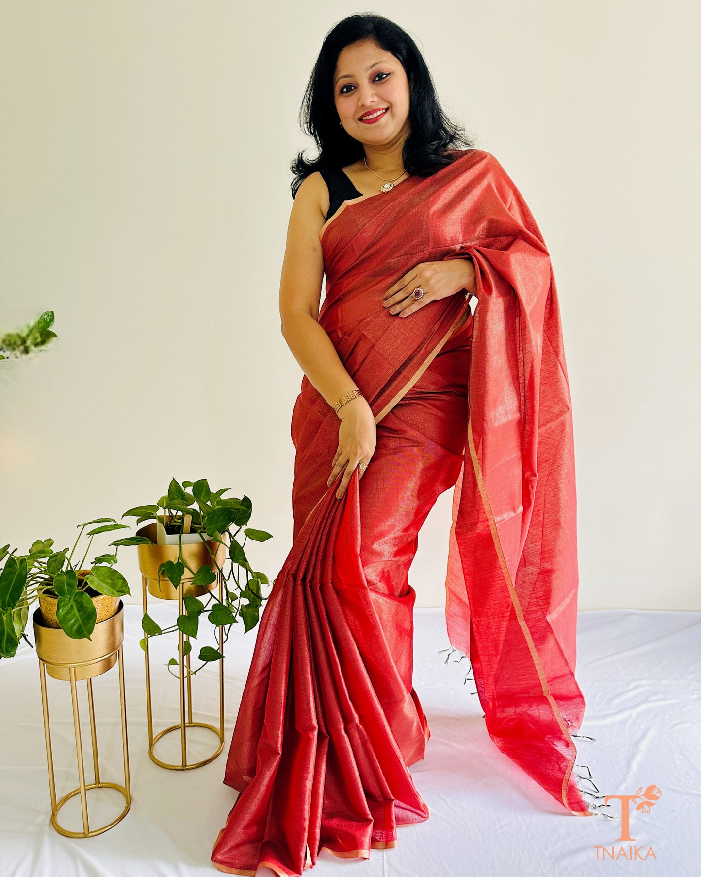 Rani red Chanderi tissue silk saree featuring smooth texture and sheen