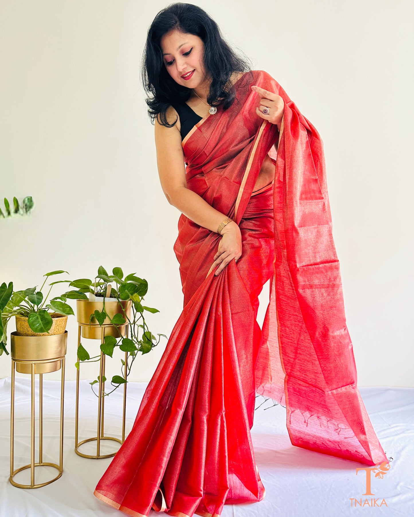 Elegant rani red Chanderi tissue silk saree with soft sheen finish