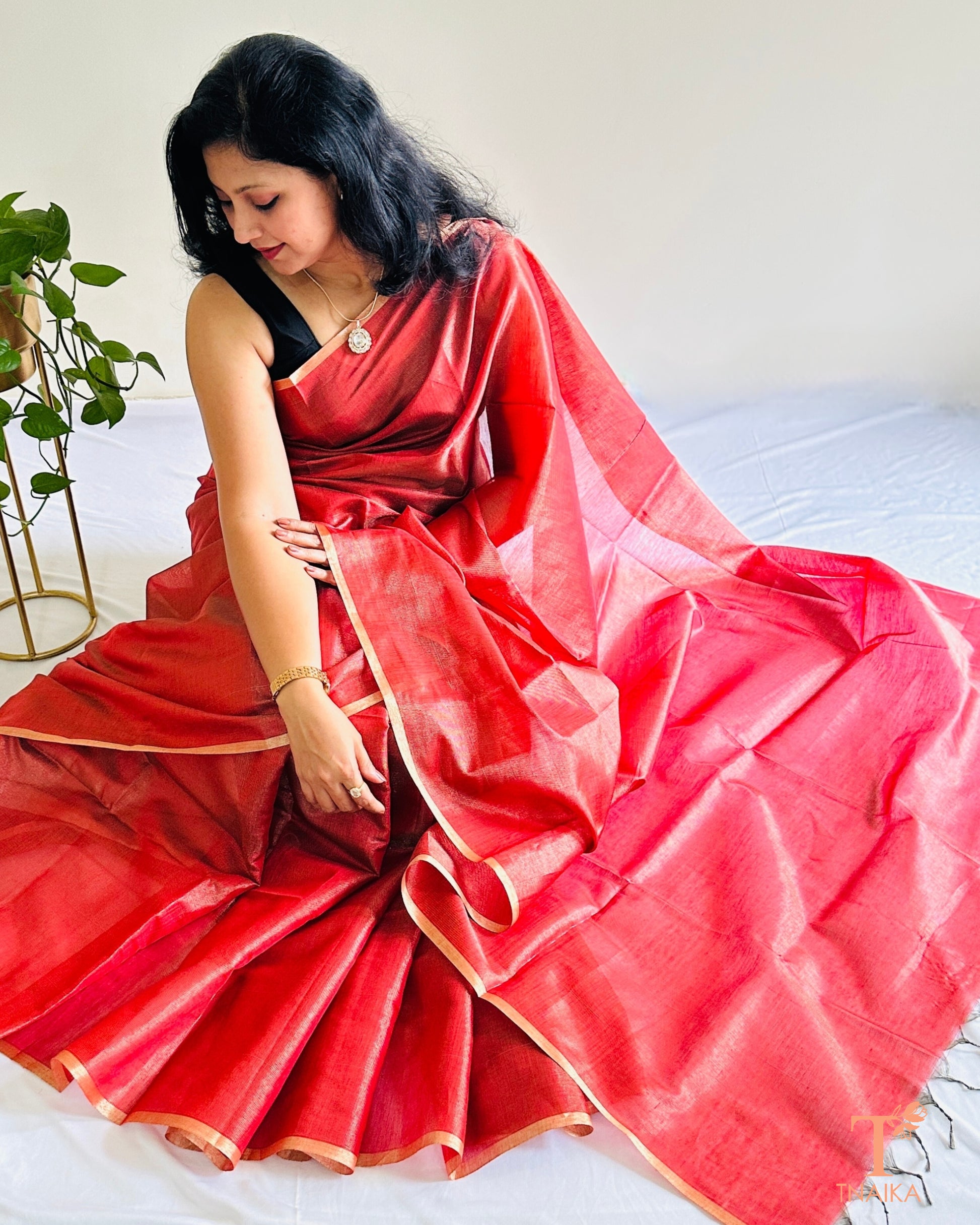 Rani red Chanderi tissue silk saree with soft sheen and running blouse