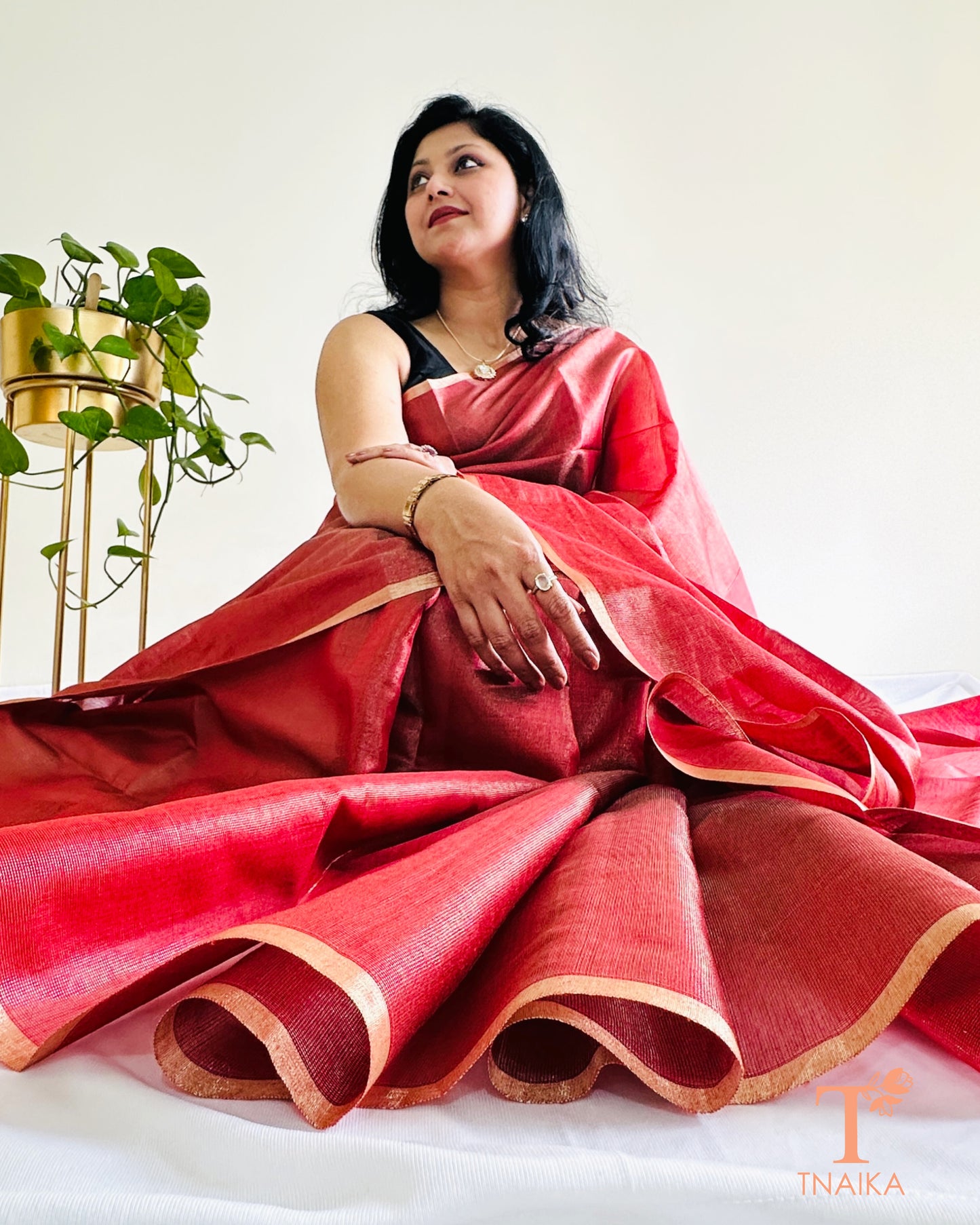 Lightweight rani red Chanderi tissue silk saree with running blouse fabric