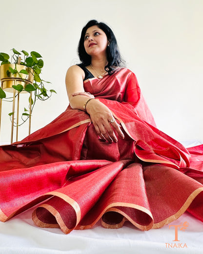 Lightweight rani red Chanderi tissue silk saree with running blouse fabric