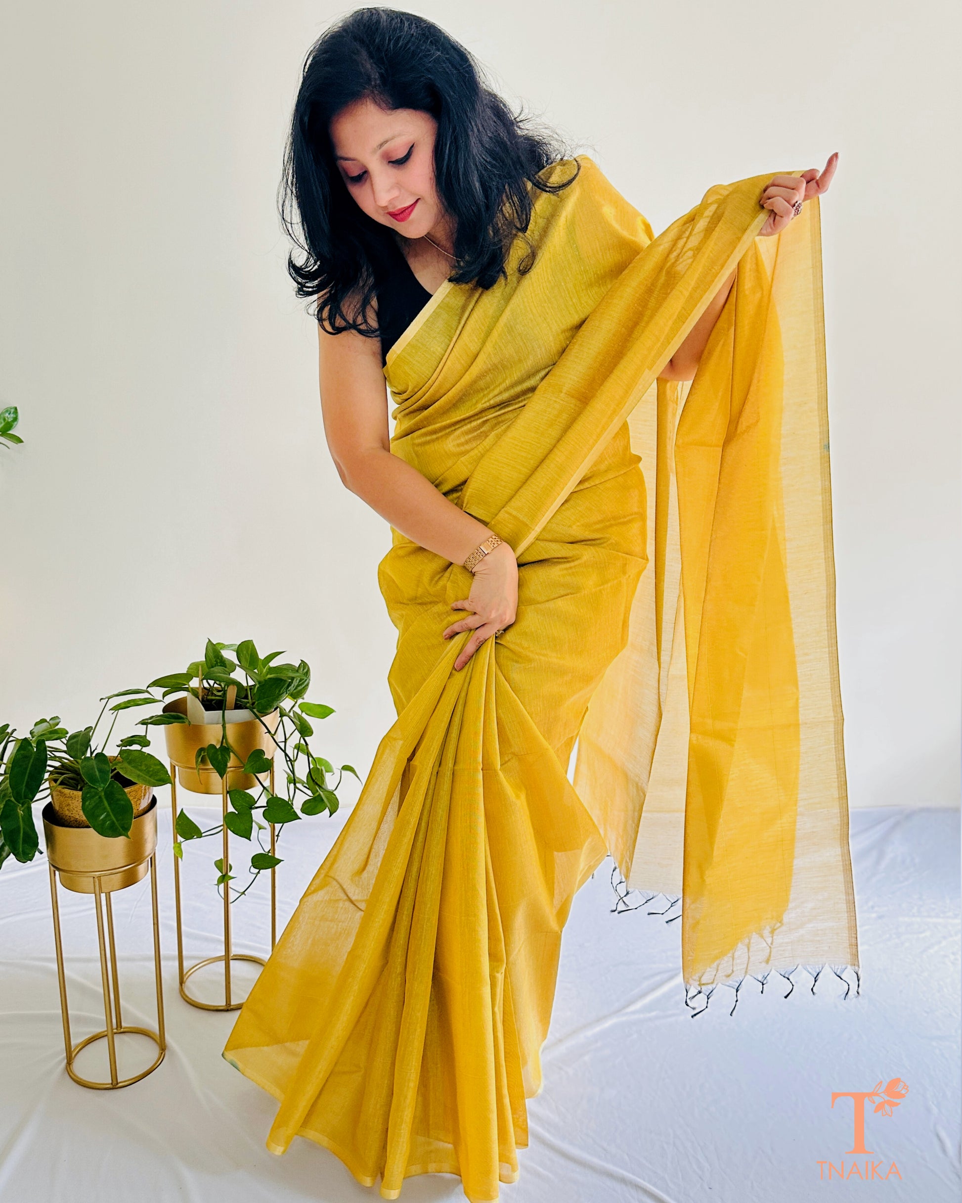 Mustard yellow Chanderi tissue silk saree with soft sheen and running blouse