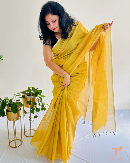 Mustard yellow Chanderi tissue silk saree with soft sheen and running blouse