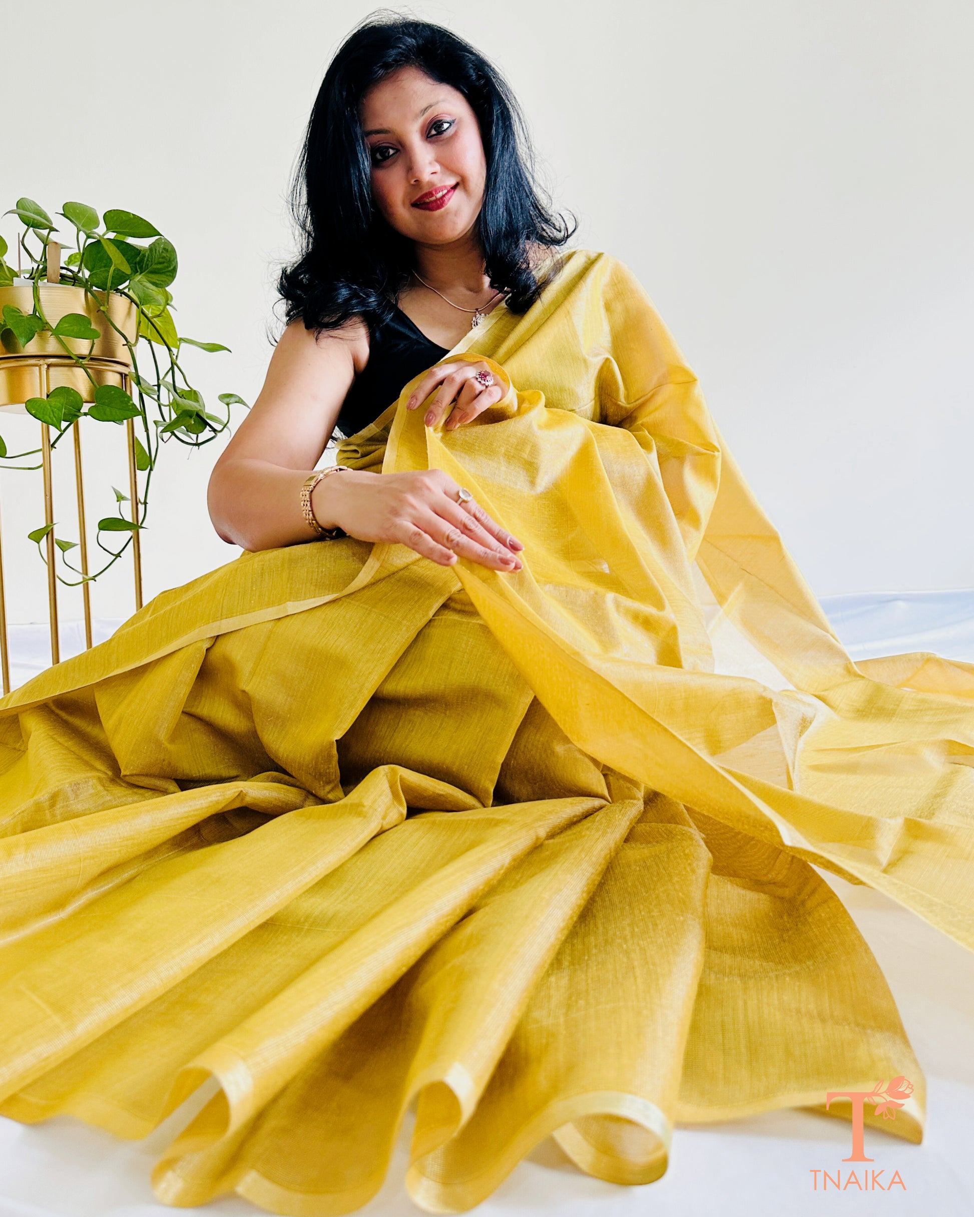 Lightweight mustard yellow Chanderi tissue silk saree with running blouse fabric