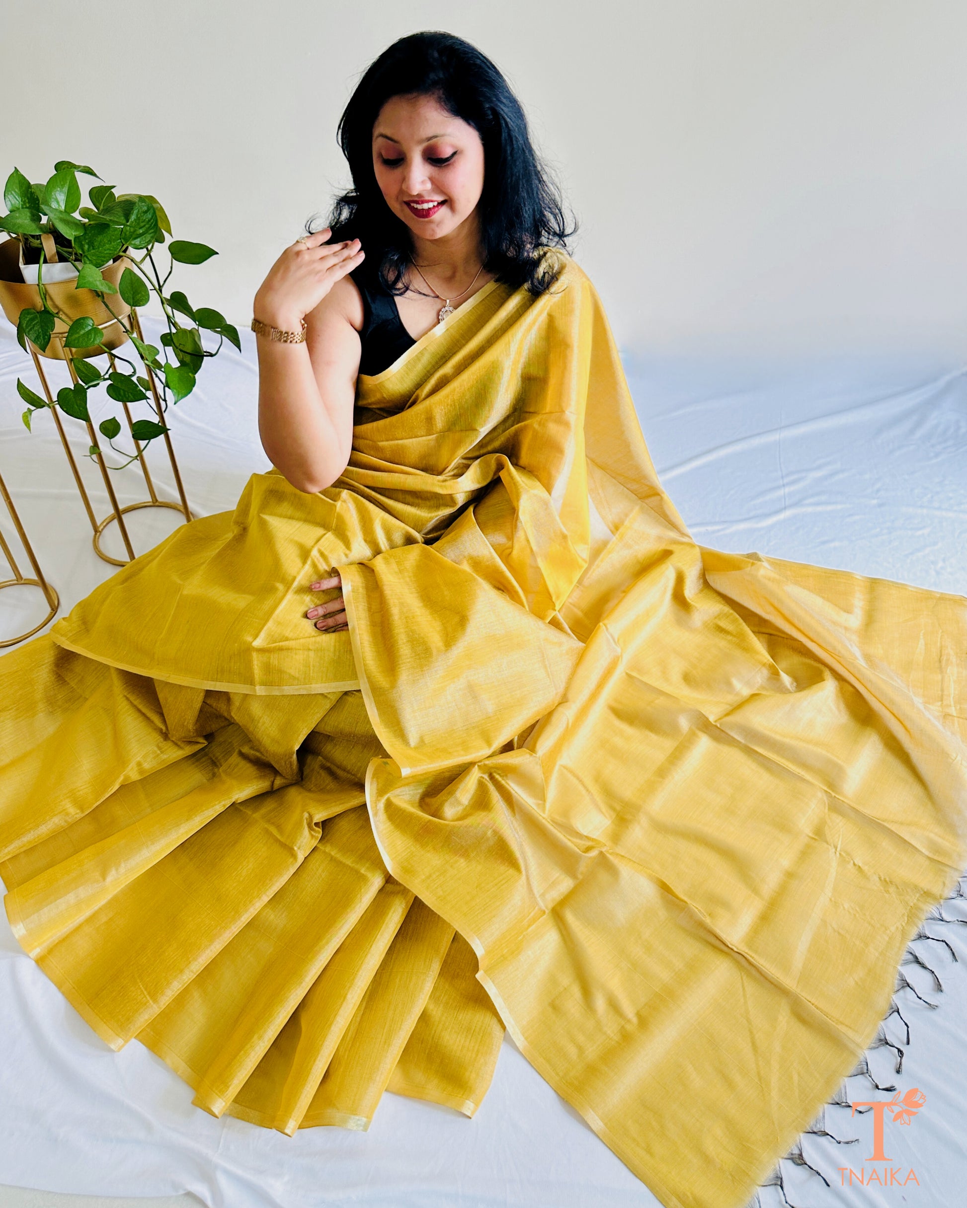 Elegant mustard yellow Chanderi tissue silk saree with soft sheen finish
