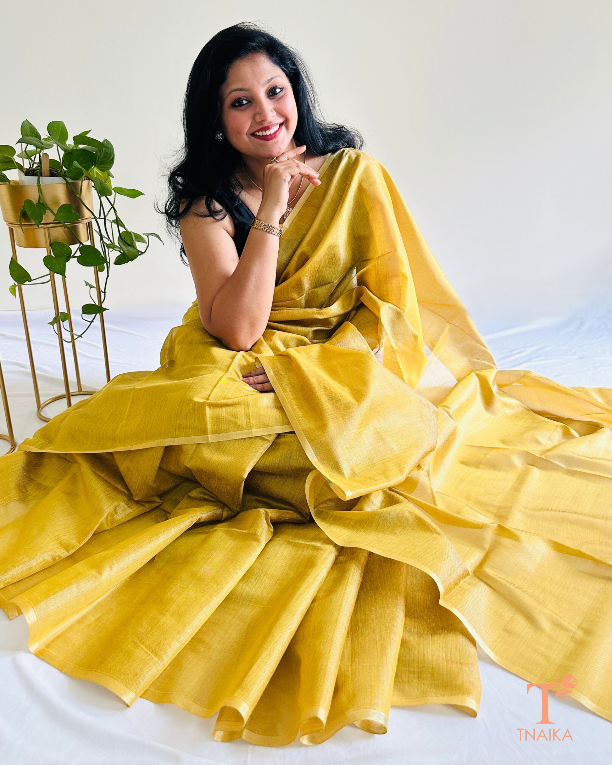 Mustard yellow Chanderi tissue silk saree with soft sheen and running blouse