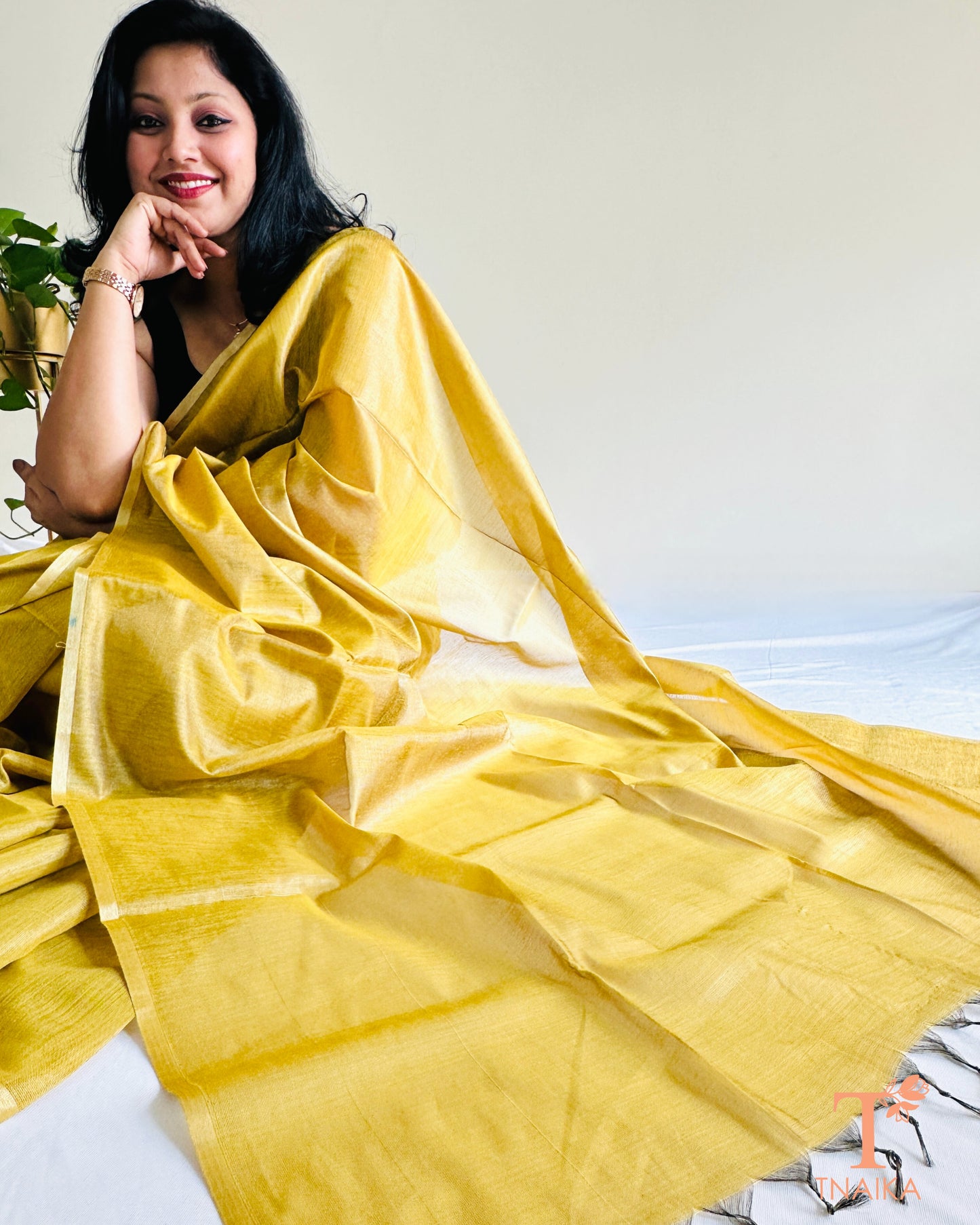 Chanderi tissue silk saree in mustard yellow shade with lightweight drape