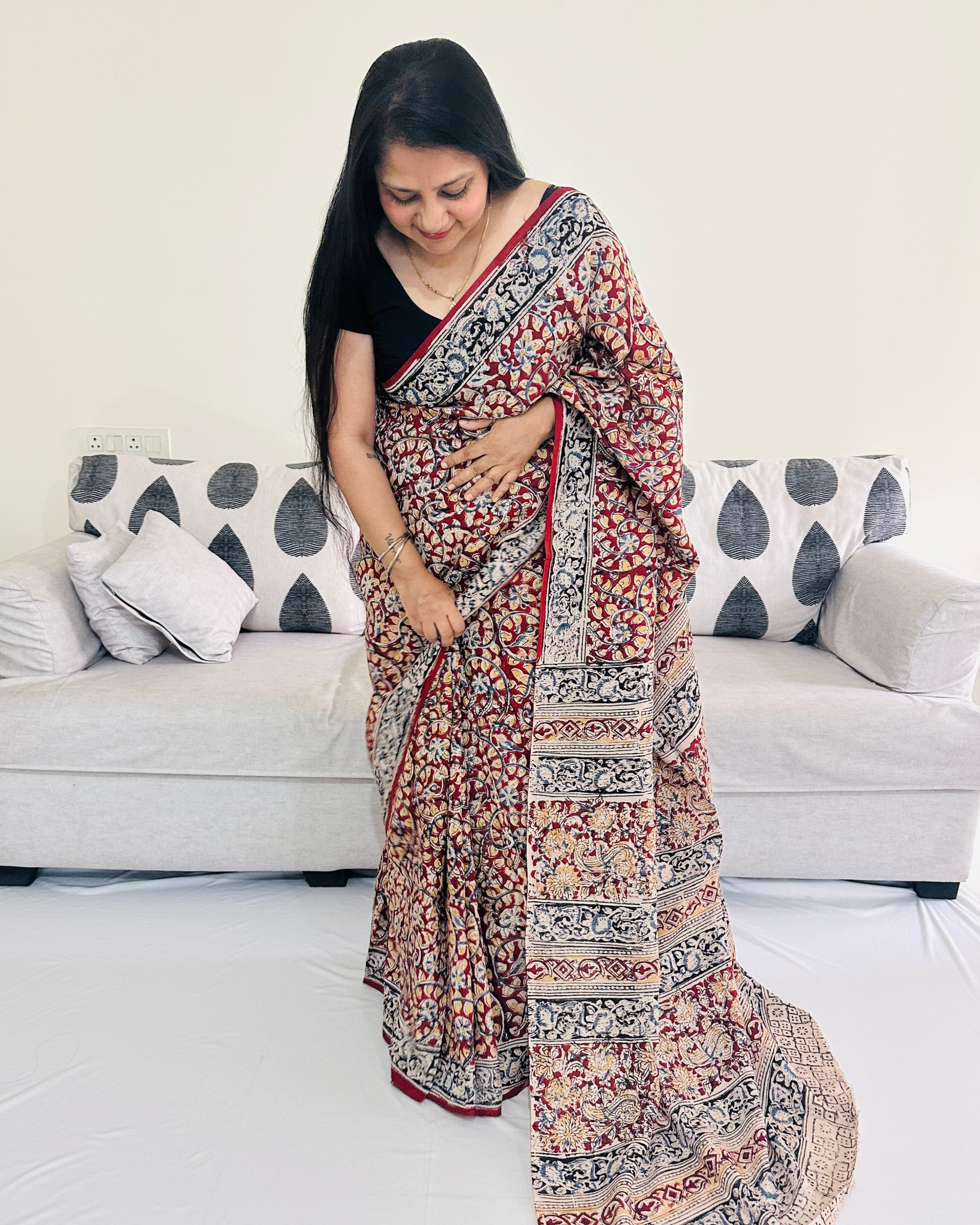 Handblock printed Chennur silk Kalamkari saree with detailed motifs
