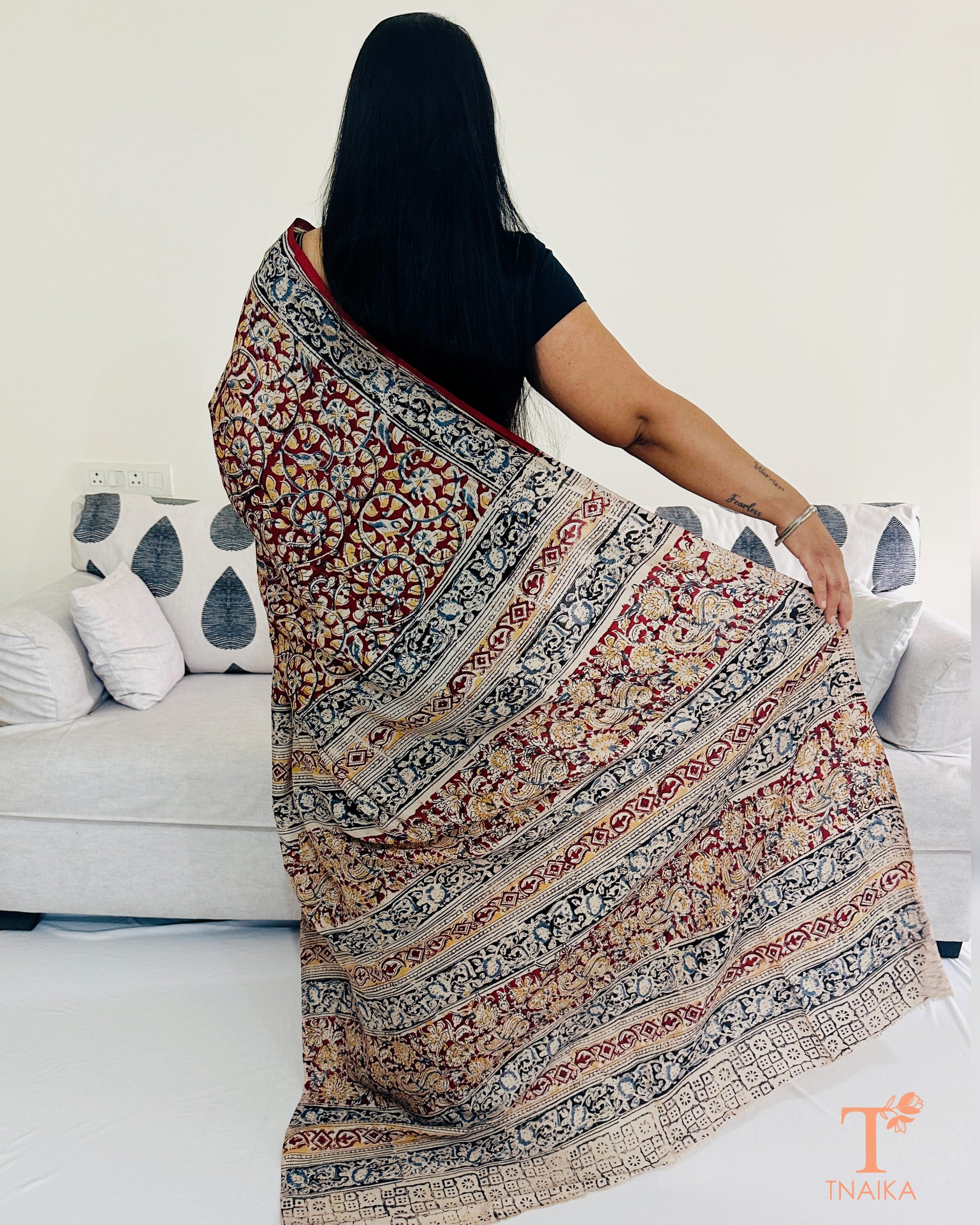 Detailed body pattern of handblock Kalamkari print on Chennur silk saree
