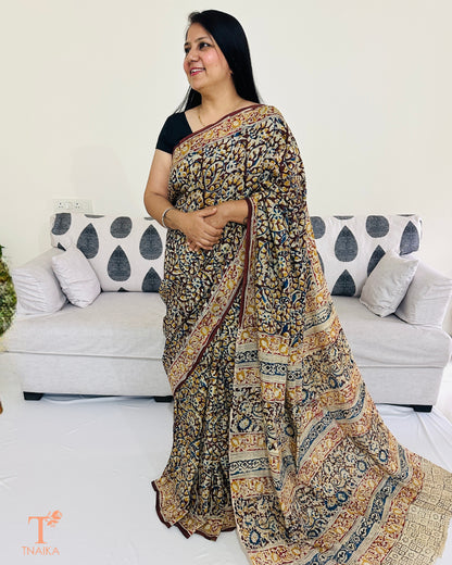 Pallu detail of Chennur silk Kalamkari saree with heritage patterns