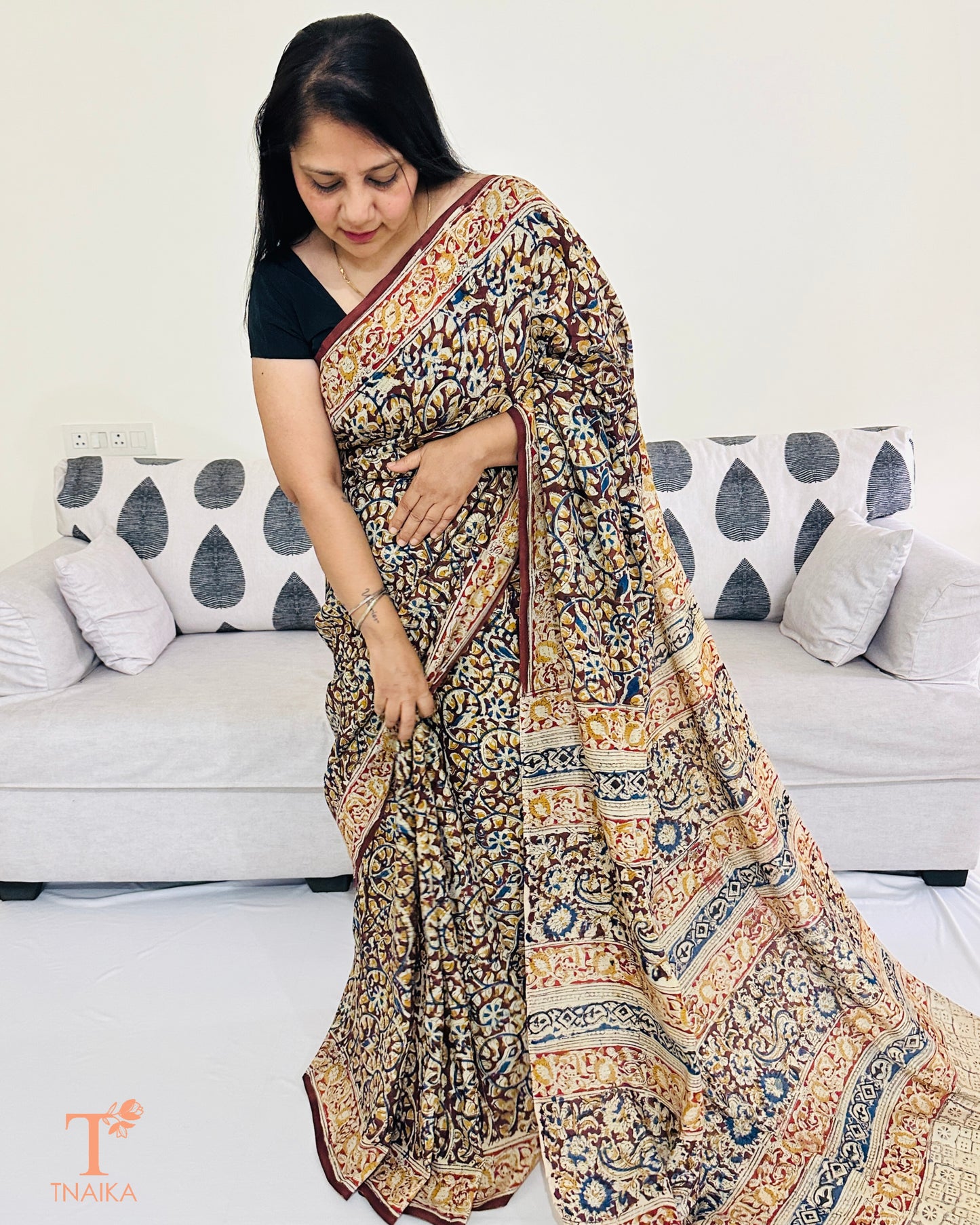 Close-up view of Kalamkari handblock print on Chennur silk 