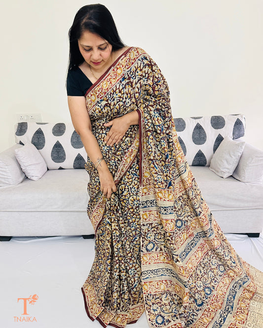 Close-up view of Kalamkari handblock print on Chennur silk 