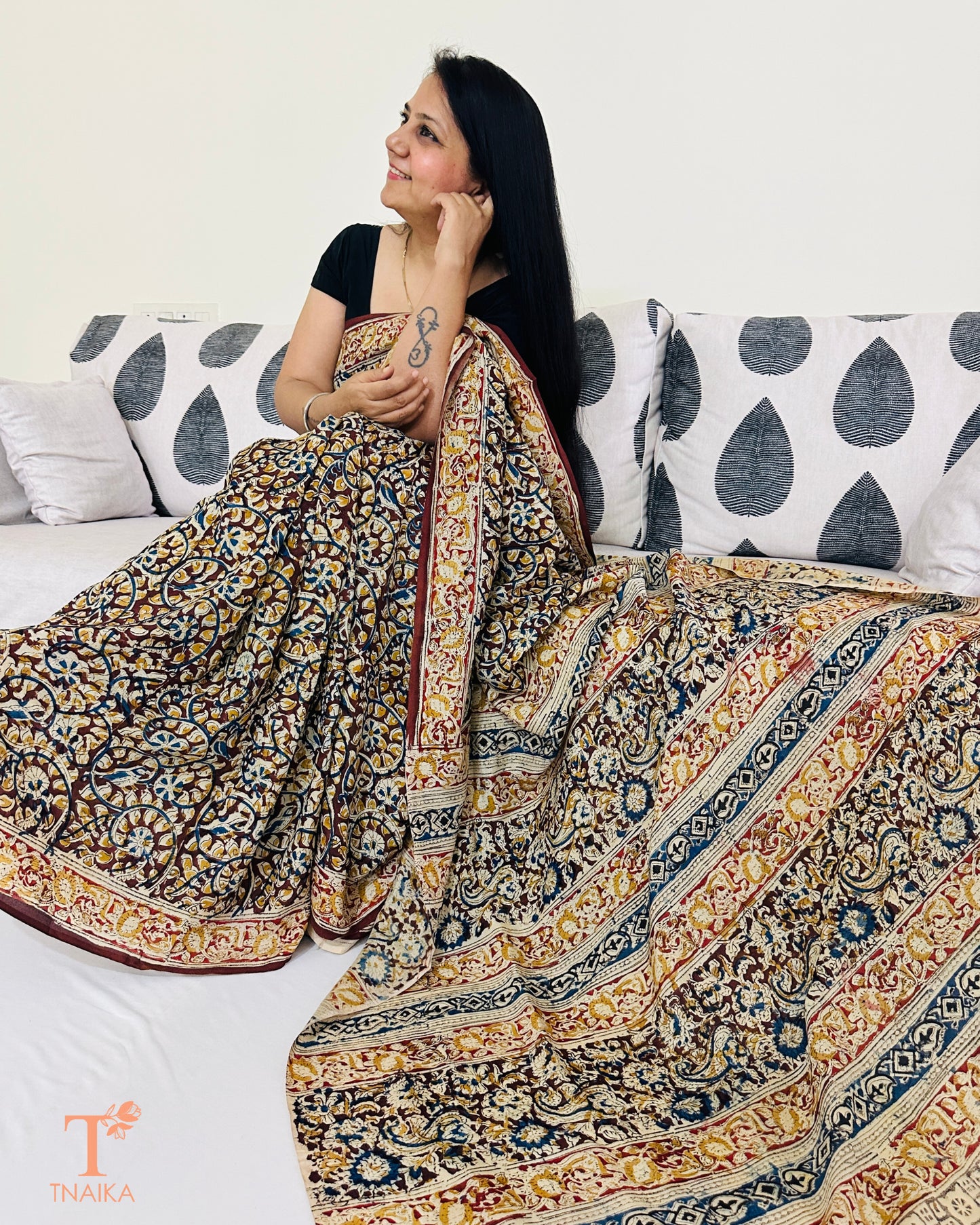 Pallu detail of Chennur silk Kalamkari saree with heritage patterns