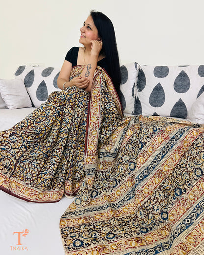 Pallu detail of Chennur silk Kalamkari saree with heritage patterns