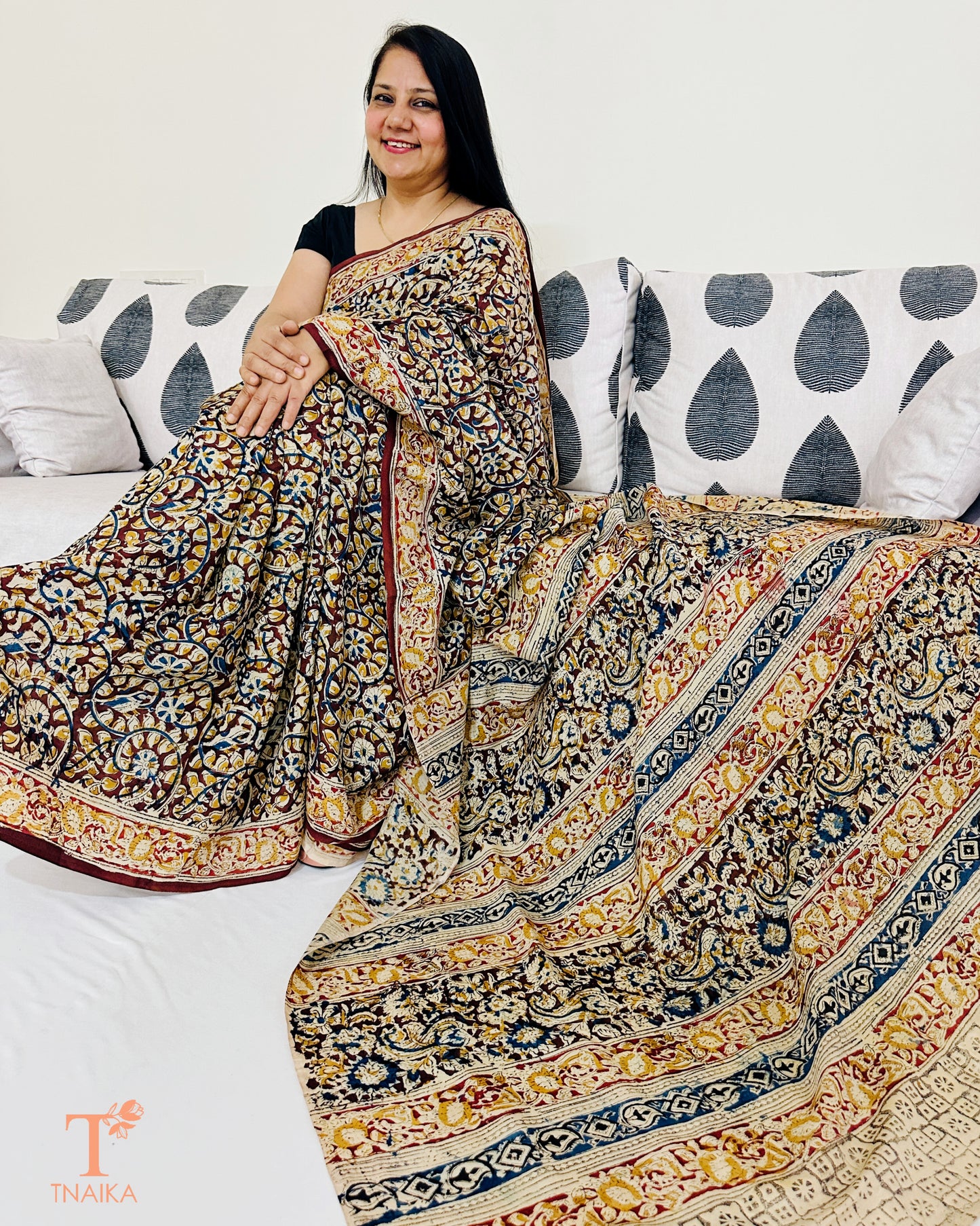 Handblock printed Chennur silk Kalamkari saree with detailed motifs