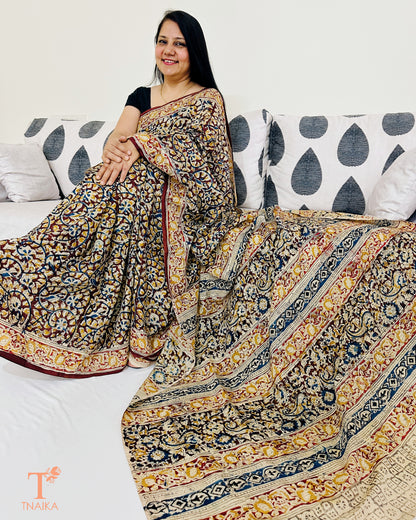 Handblock printed Chennur silk Kalamkari saree with detailed motifs