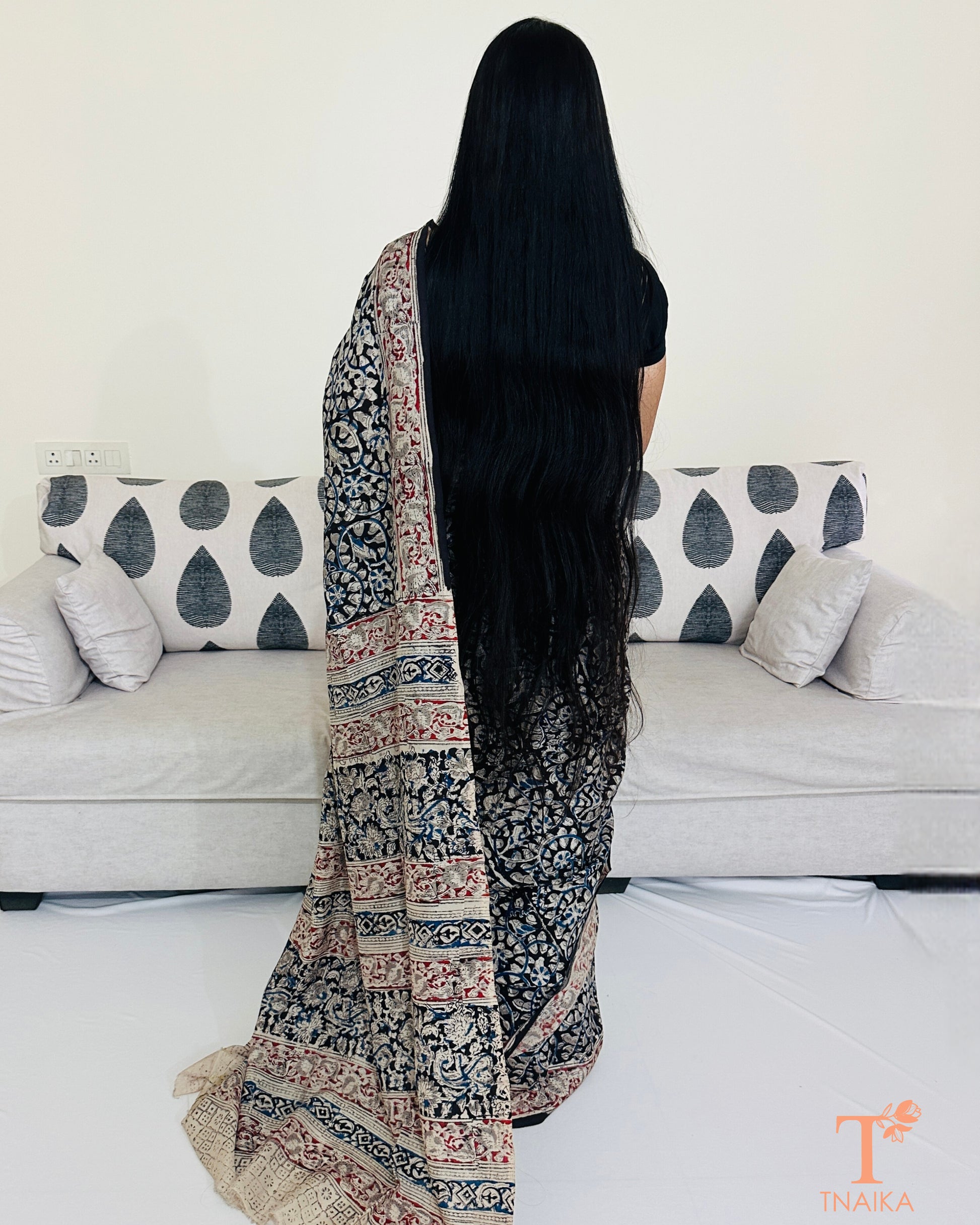 Pallu detail of Chennur silk Kalamkari saree with heritage patterns