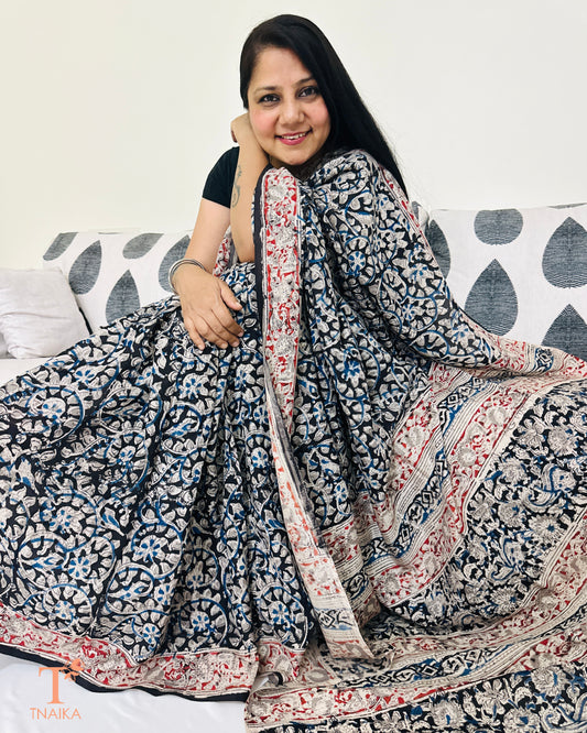 Close-up view of Kalamkari handblock print on Chennur silk saree