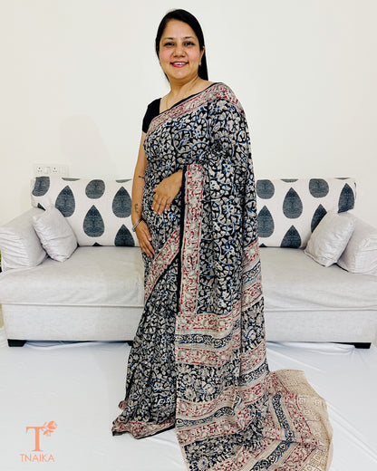 Handblock printed Chennur silk Kalamkari saree with detailed motifs