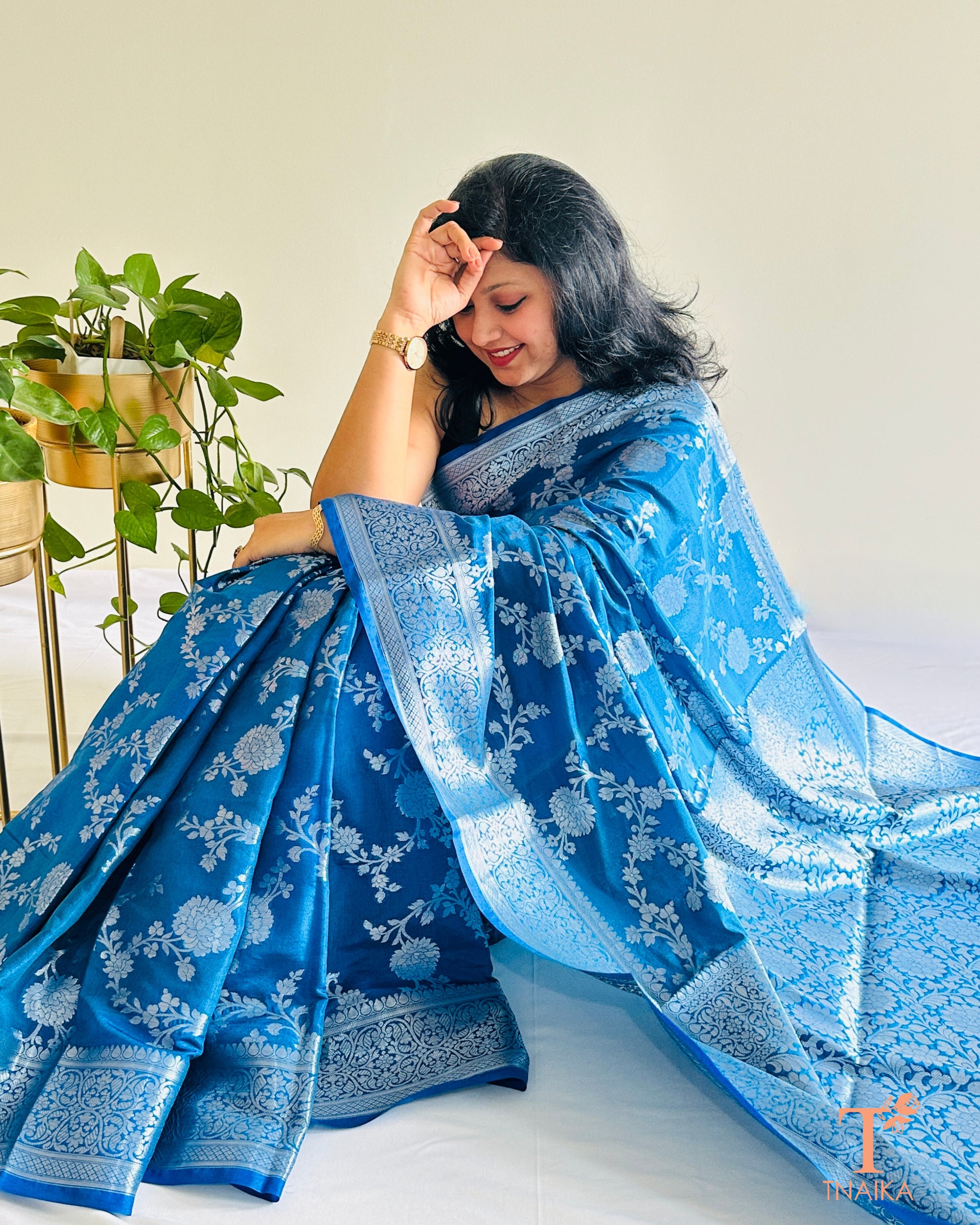 Pallu detail of Banarasi silk saree with silver zari work