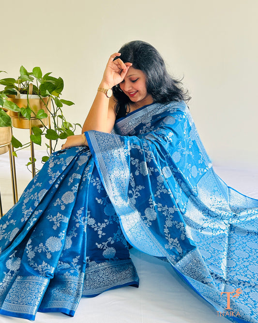 Pallu detail of Banarasi silk saree with silver zari work