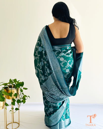 Banarasi silk saree with silver zari floral weave