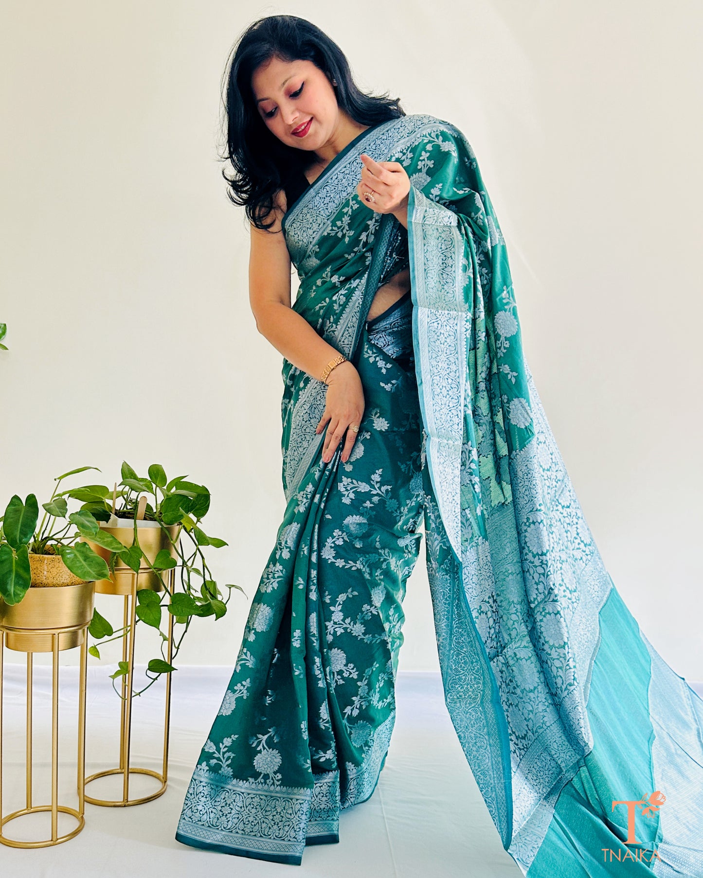 Pallu detail of Banarasi silk saree with silver zari work