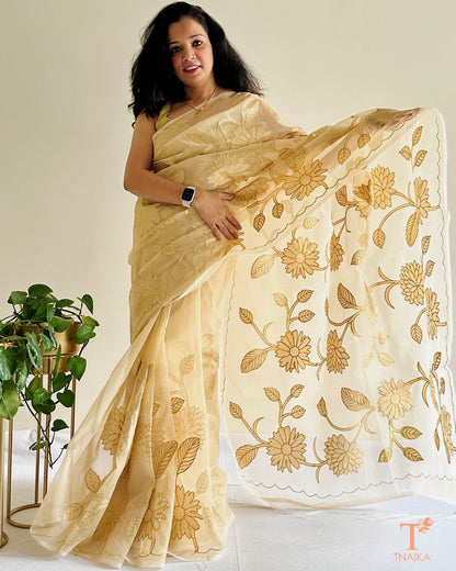 Sheer organza saree with detailed floral motifs