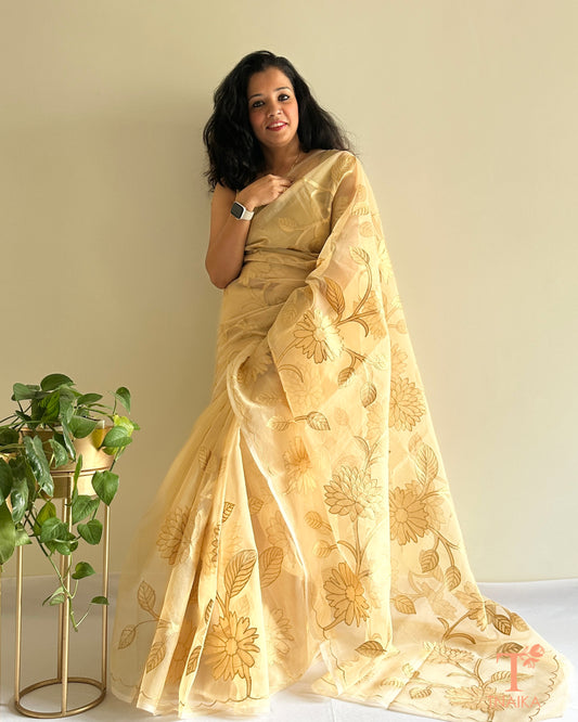 Kora organza saree with floral applique work