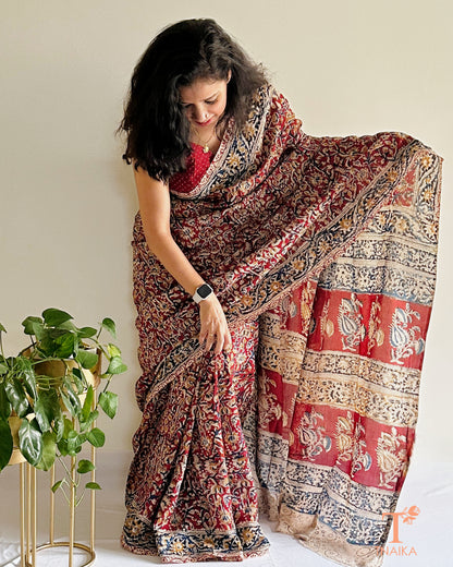 Full drape view of earthy Chennur silk Kalamkari saree
