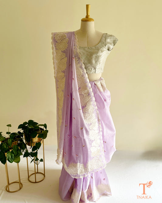 Pastel Kota saree with floral applique work