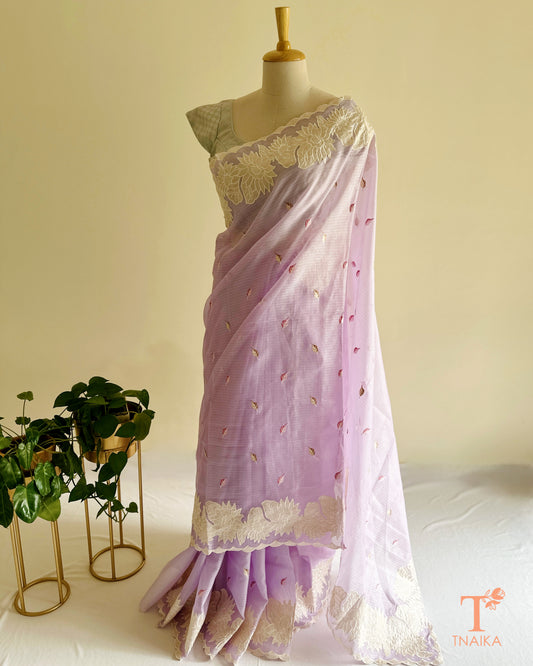 Lavender Kota silk saree with Parsi applique border