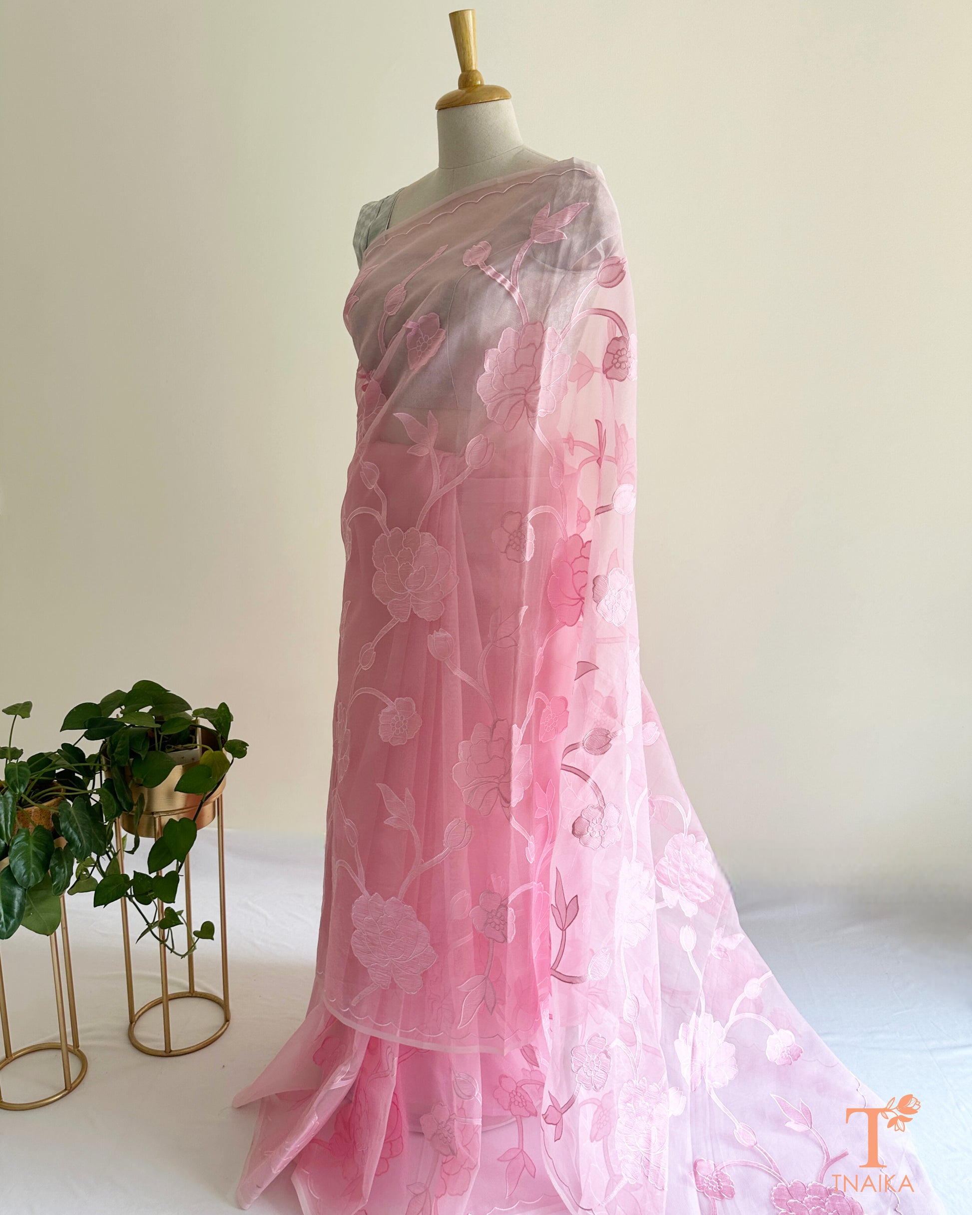 Kora organza saree with floral applique work