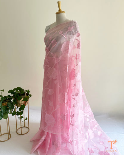 Kora organza saree with floral applique work