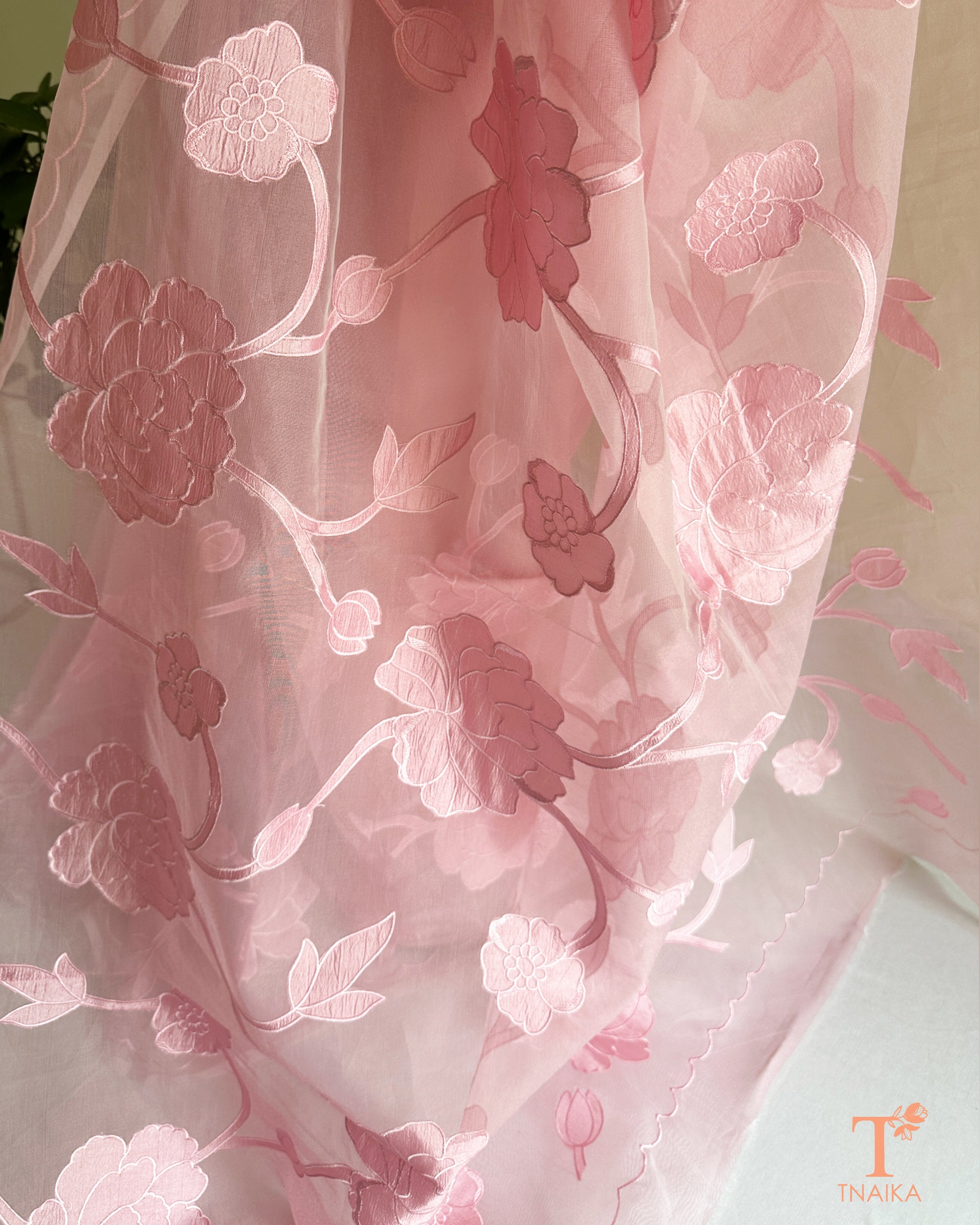 Sheer organza saree with detailed floral motifs