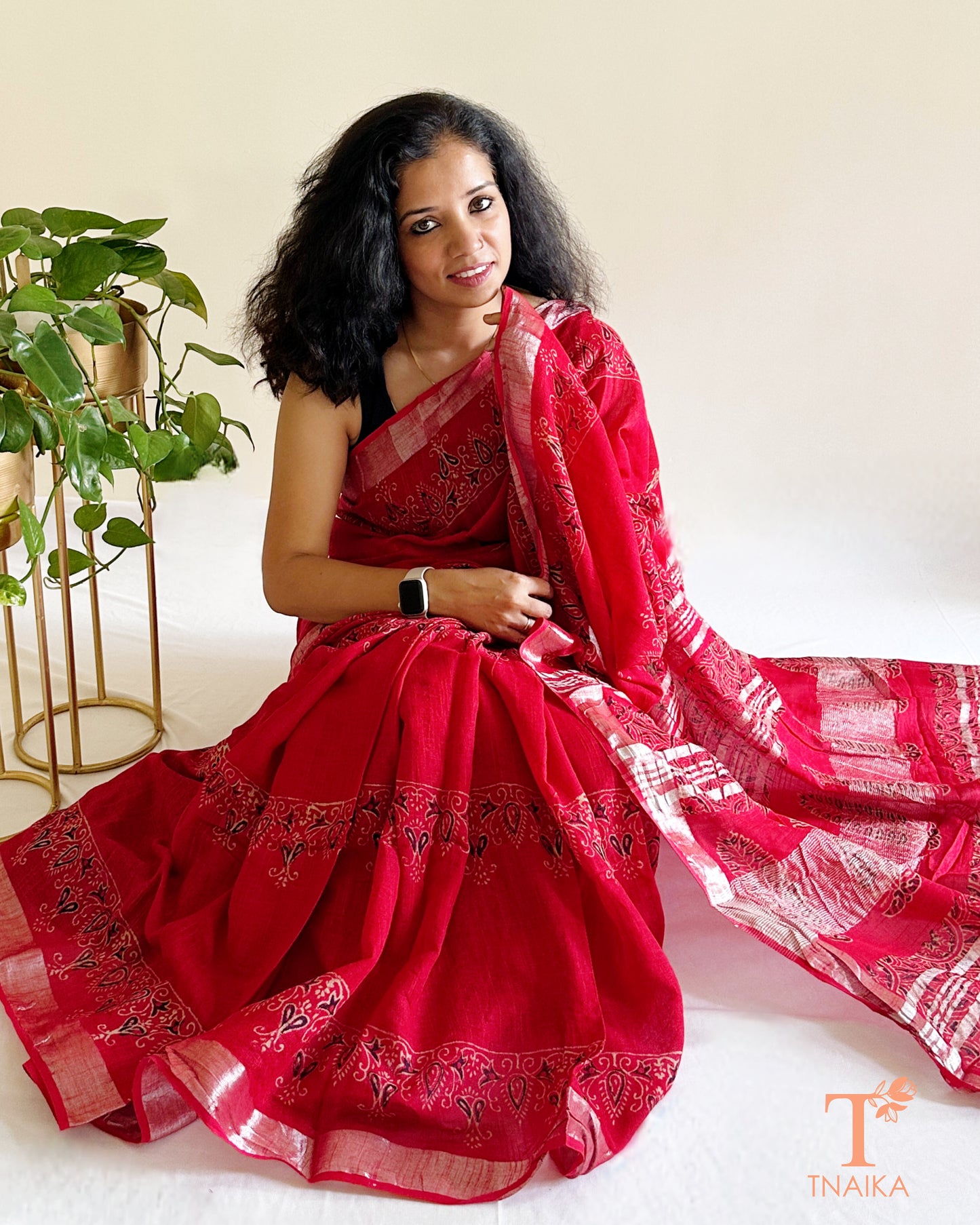 handcrafted red cotton slub linen saree draped on model