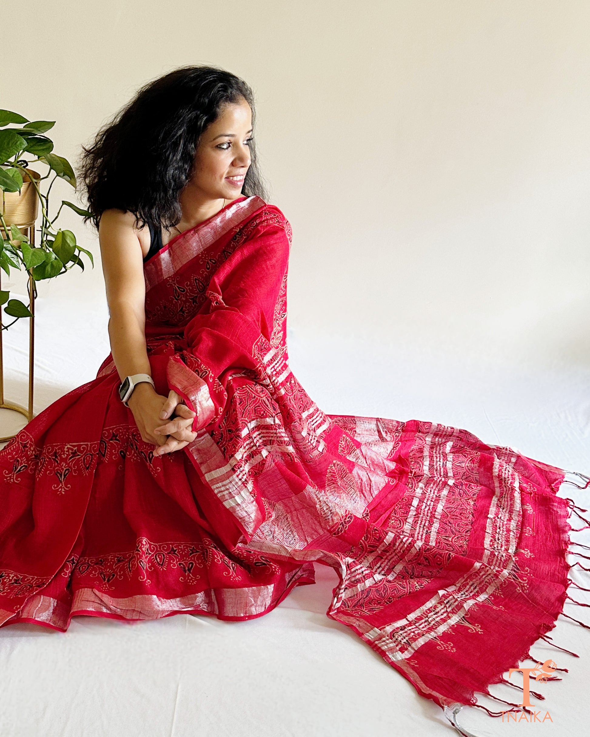 scarlet natural dye cotton slub linen saree with block print