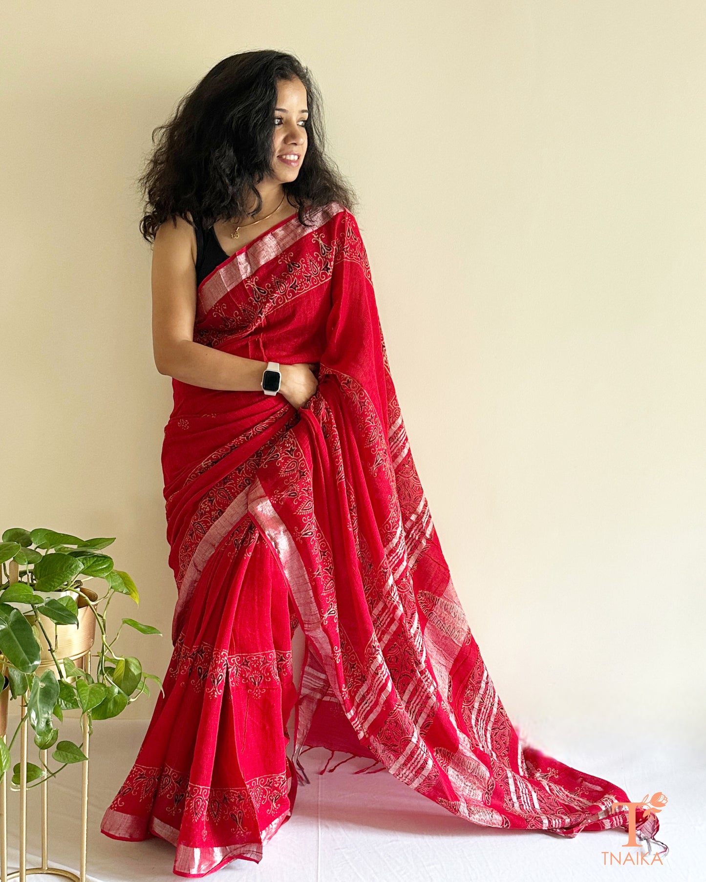 scarlet natural dye cotton slub linen saree with block print