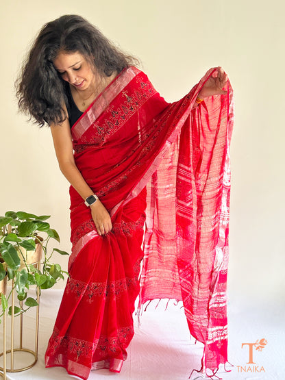 breathable cotton slub linen saree with natural dye