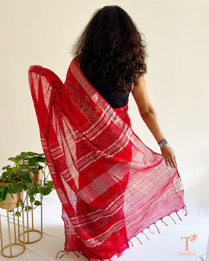 handcrafted red cotton slub linen saree draped on model