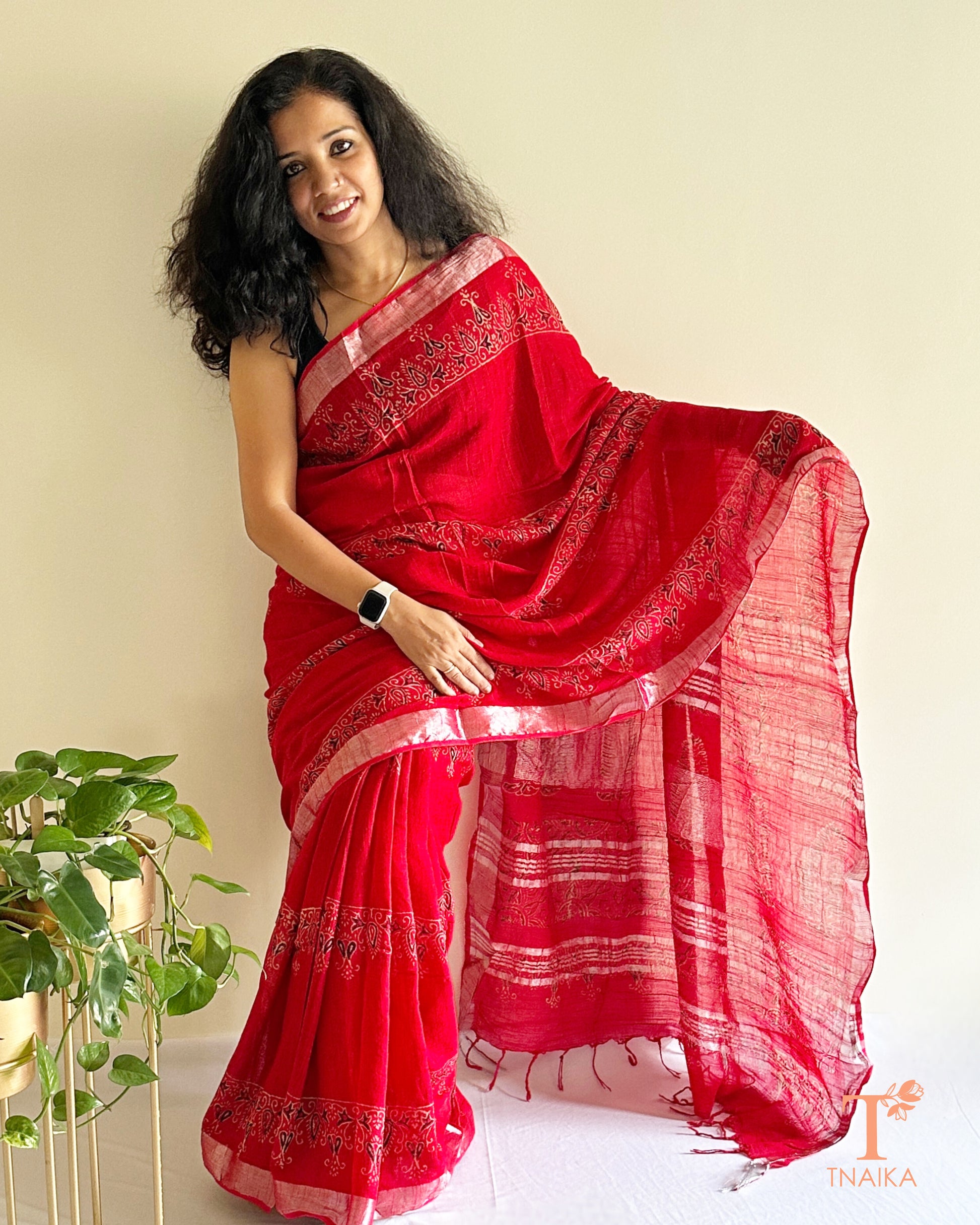 artisan handblock cotton slub linen saree with traditional motifs