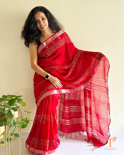 artisan handblock cotton slub linen saree with traditional motifs