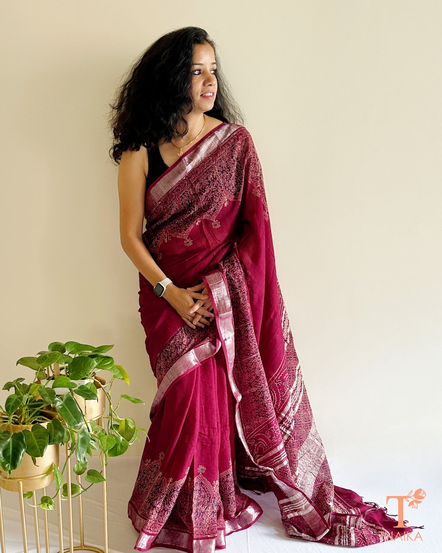 wine maroon natural dye cotton slub linen saree with handblock print