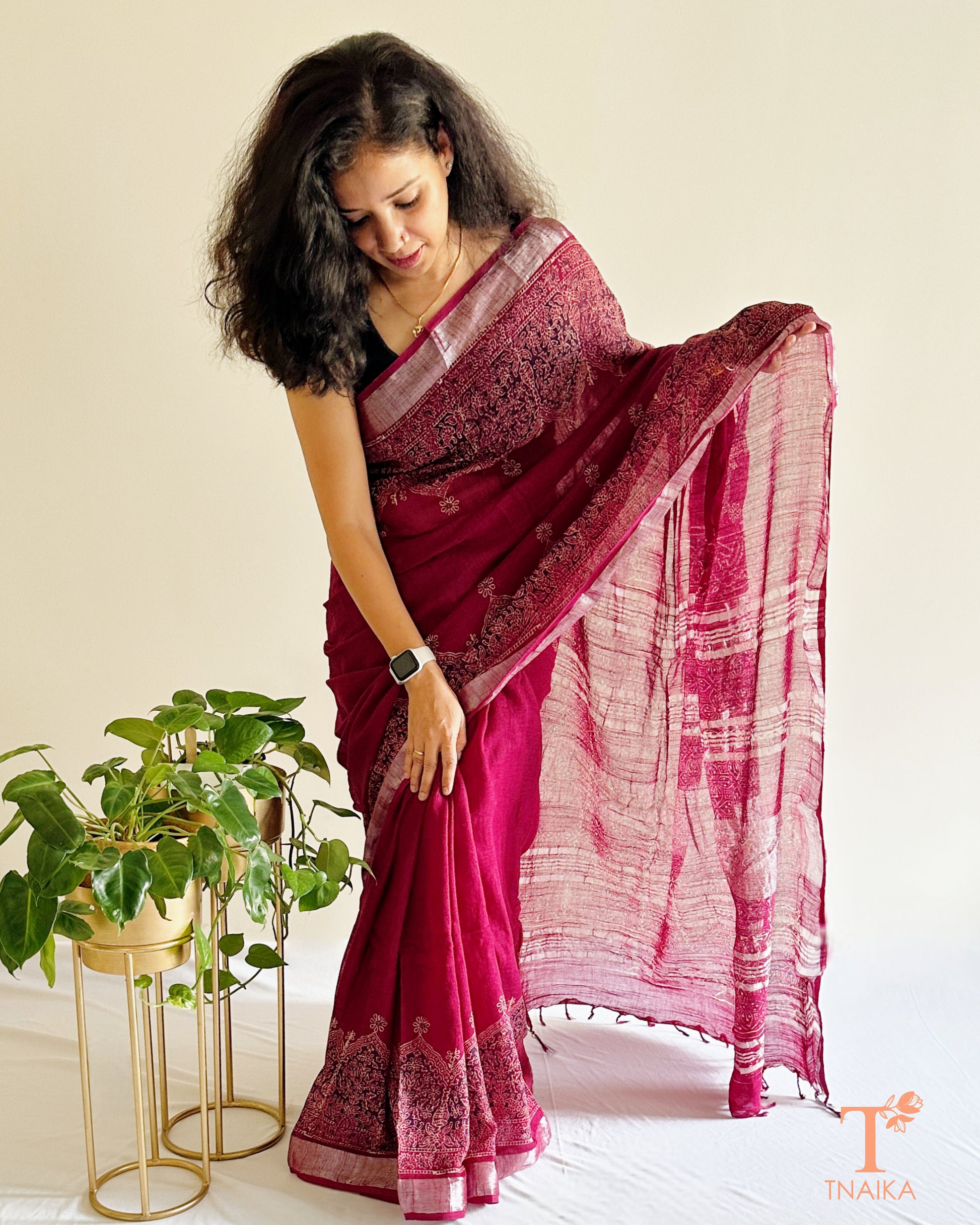 wine maroon natural dye cotton slub linen saree with handblock print