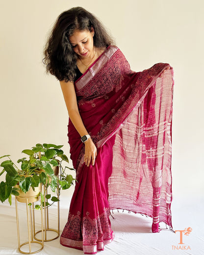wine maroon natural dye cotton slub linen saree with handblock print