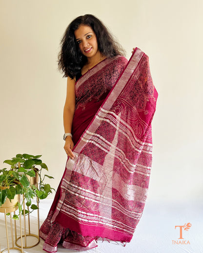 artisan wine cotton linen saree draped on model